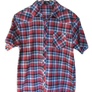 Vigo Men's XL short sleeve Western shirt, snaps, red and blue check